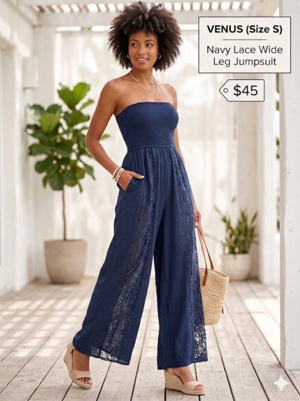 Venus Boho Strapless Smocked Bandeau Jumpsuit with Lace Leg Panels Small